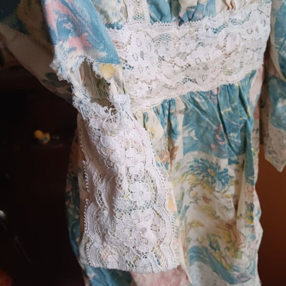 Girls 7 True Vintage Boho Peasant Floral Lace Puff Sleeve Dress Tie-Back 1970's - Picture 5 of 9